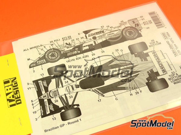 Image 1: Lotus Mugen-Honda 107C Equipo Lotus patrocinado por Hitachi - Campeonato del Mundo FIA de Formula 1 1994 | Decoraci&oacute;n en escala&nbsp;1/20 fabricado por Tabu Design (ref.&nbsp;TABU20049D, tambien 4545310010814)