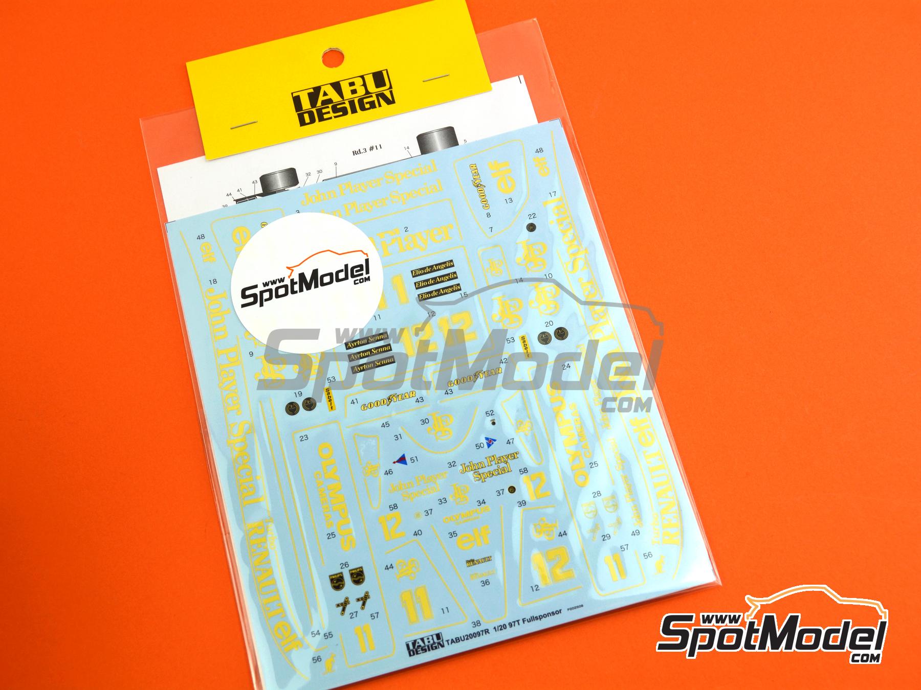 Image 5: Lotus Renault Type 97T Equipo Lotus patrocinado por John Player Special - Campeonato del Mundo de F1 1985 | Decoraci&oacute;n en escala&nbsp;1/20 fabricado por Tabu Design (ref.&nbsp;TABU20097R, tambien 4545310019695)