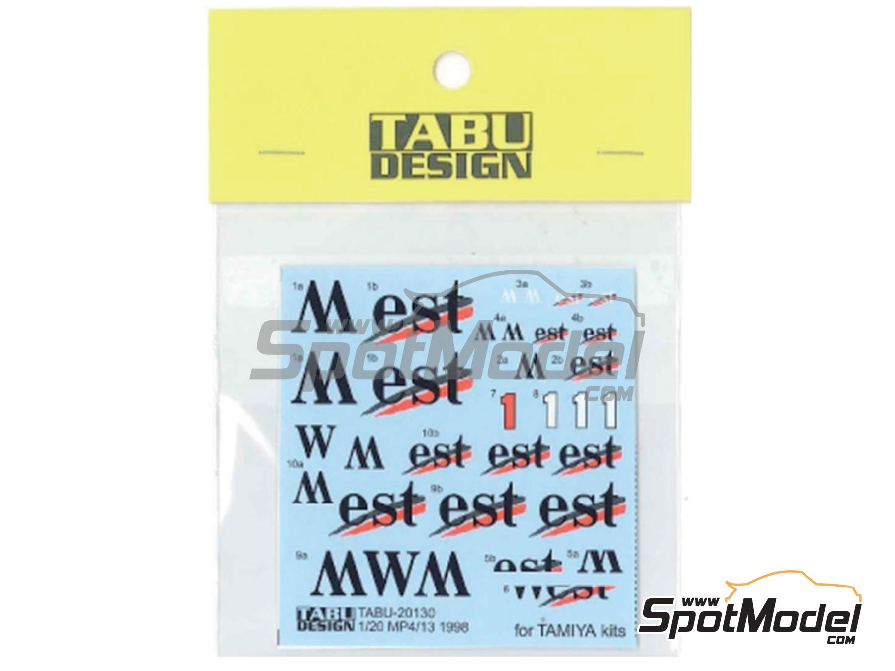 Image 1: McLaren Mercedes MP4/13 McLaren Racing Limited Team sponsored by West - FIA Formula 1 World Championship 1998 | Marking / livery in 1/20 scale manufactured by Tabu Design (ref. TABU20130, also 4545310008187)