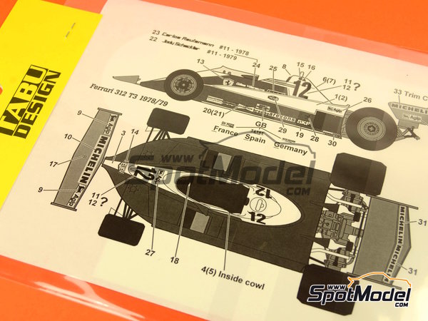 Image 1: Ferrari 312T3 Equipo Scuderia Ferrari patrocinado por Agip - Campeonato del Mundo FIA de Formula 1 1978 y 1979 | Decoraci&oacute;n en escala&nbsp;1/20 fabricado por Tabu Design (ref.&nbsp;TABU20133, tambien 4545310010739)