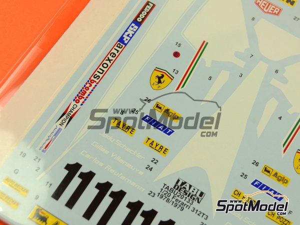 Image 3: Ferrari 312T3 Equipo Scuderia Ferrari patrocinado por Agip - Campeonato del Mundo FIA de Formula 1 1978 y 1979 | Decoraci&oacute;n en escala&nbsp;1/20 fabricado por Tabu Design (ref.&nbsp;TABU20133, tambien 4545310010739)