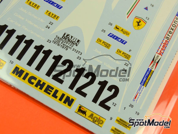 Image 4: Ferrari 312T3 Equipo Scuderia Ferrari patrocinado por Agip - Campeonato del Mundo FIA de Formula 1 1978 y 1979 | Decoraci&oacute;n en escala&nbsp;1/20 fabricado por Tabu Design (ref.&nbsp;TABU20133, tambien 4545310010739)