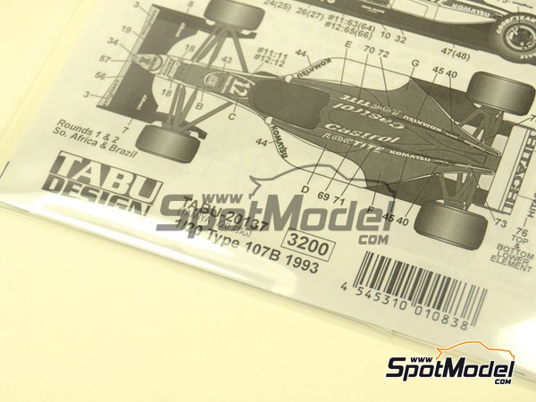Image 7: Lotus Ford 107B Equipo Lotus patrocinado por Castrol - Campeonato del Mundo de F1 1993 | Decoraci&oacute;n en escala&nbsp;1/20 fabricado por Tabu Design (ref.&nbsp;TABU20137, tambien 4545310010838)