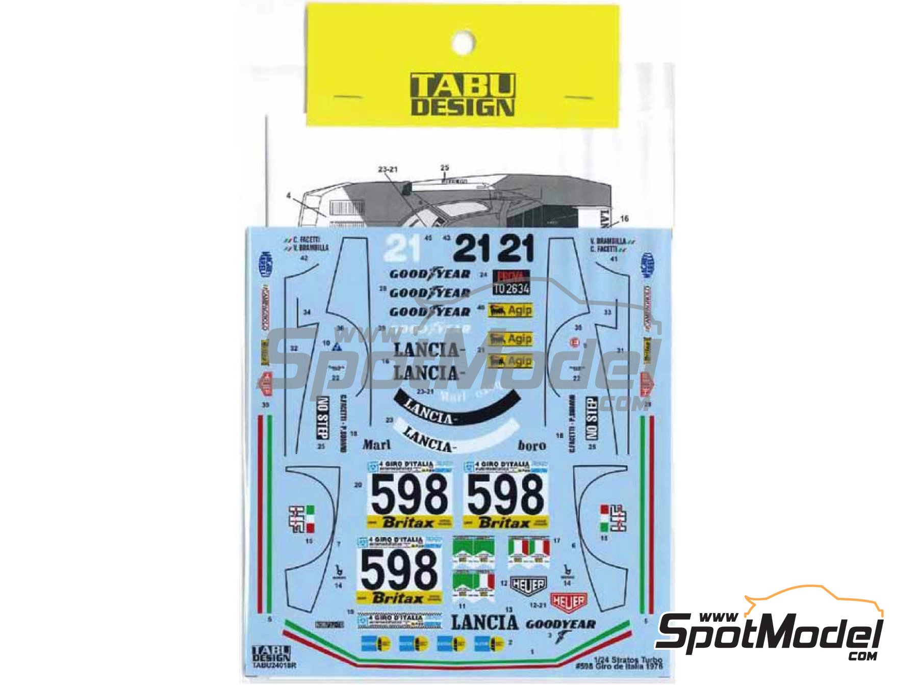 Image 1: Lancia Stratos Turbo patrocinado por Marlboro - Giro d'Italia Automobilistico, Campeonato del mundo de Marcas 1976 | Decoraci&oacute;n en escala&nbsp;1/24 fabricado por Tabu Design (ref.&nbsp;TABU24018R, tambien 4545310018513 y TABU2418R)
