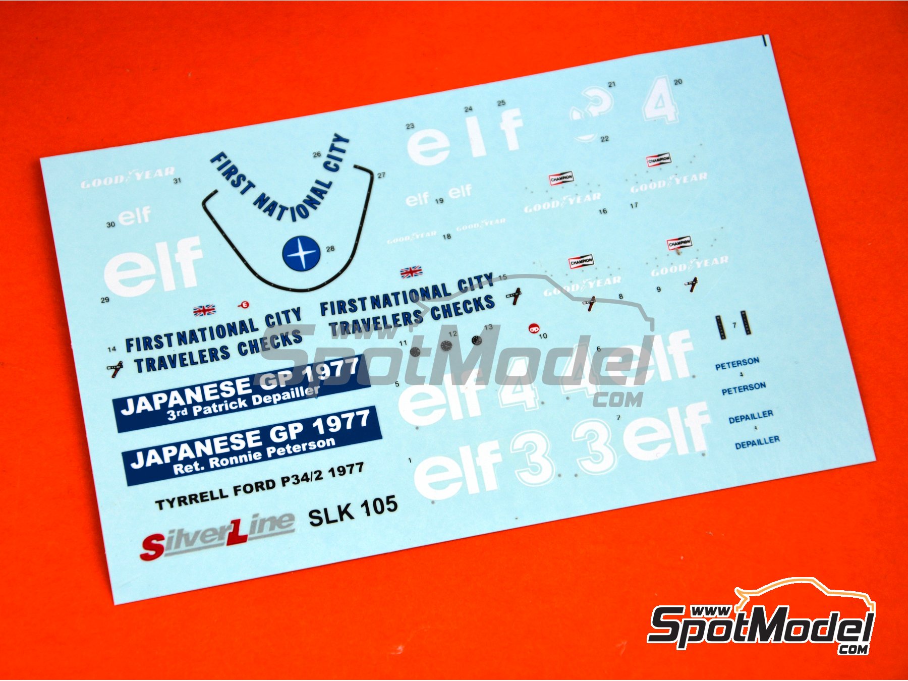 Image 1: Tyrrell Ford P34/2 Equipo Tyrrell Racing patrocinado por ELF - Gran Premio de F&oacute;rmula 1 de Jap&oacute;n 1977 | Decoraci&oacute;n en escala&nbsp;1/43 fabricado por Tameo Kits (ref.&nbsp;DK-SLK105)