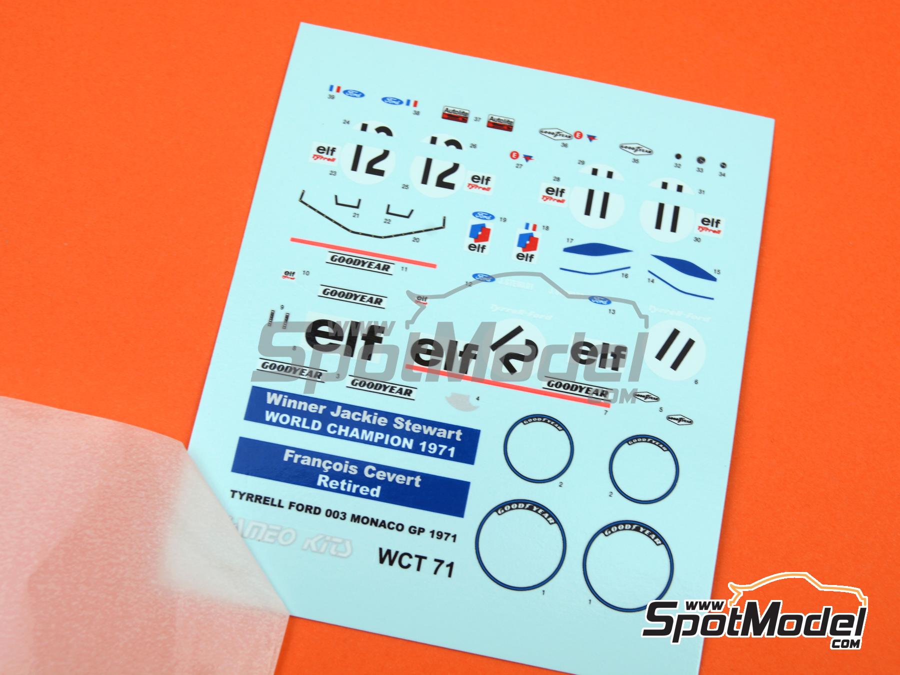 Image 1: Tyrrell Ford 003 Equipo Tyrrell Racing patrocinado por ELF - Gran Premio de Formula 1 de M&oacute;naco 1971 | Decoraci&oacute;n en escala&nbsp;1/43 fabricado por Tameo Kits (ref.&nbsp;DK-WCT071)