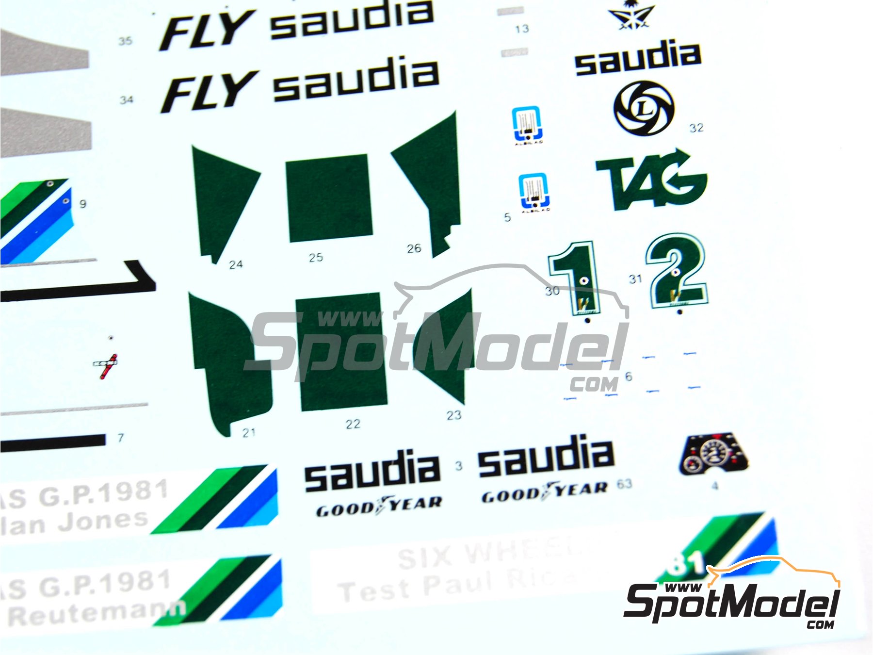 Image 25: Williams Cosworth FW07D 6 ruedas Fly Saudia - Version de test 1981 | Maqueta de coche en escala 1/43 fabricado por Tameo Kits (ref. SLK065)