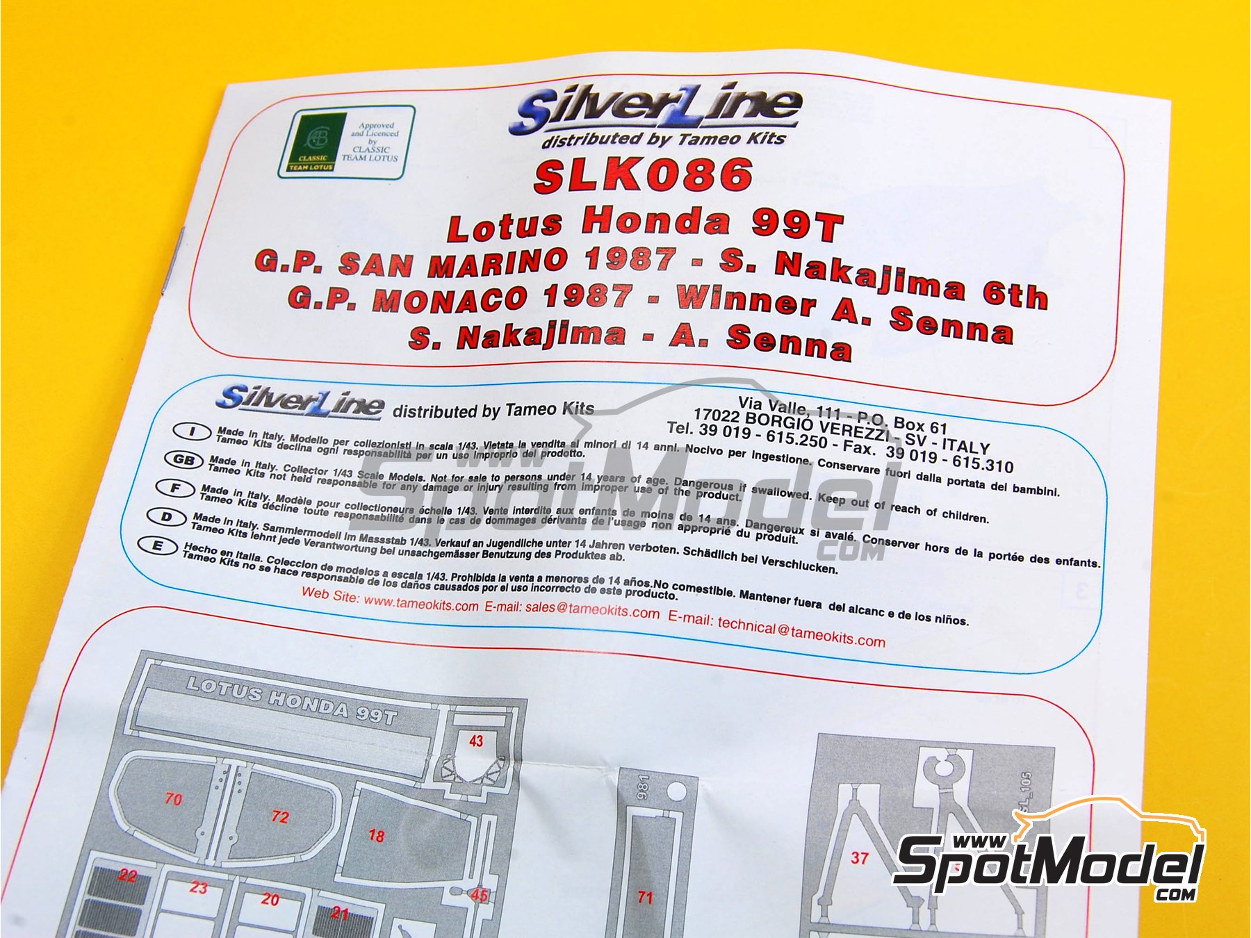 Image 5: Lotus Honda 99T Equipo Lotus patrocinado por DeLonghi - Gran Premio de Formula 1 de M&oacute;naco, Gran Premio de F&oacute;rmula 1 de San Marino 1987 | Maqueta de coche en escala&nbsp;1/43 fabricado por Tameo Kits (ref.&nbsp;SLK086)