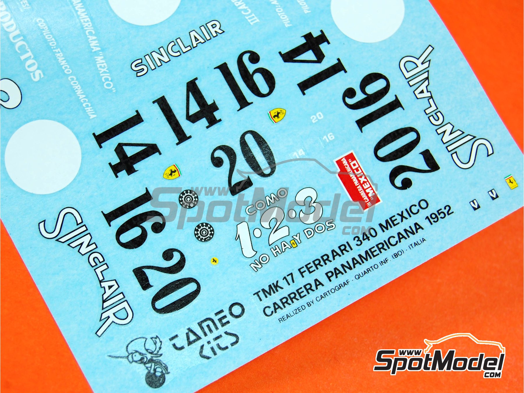 Image 5: Ferrari 340 Mexico Coupe sponsored by Sinclair, Productos 1*2*3 - Carrera Panamericana 1952 | Car scale model kit in 1/43 scale manufactured by Tameo Kits (ref.&nbsp;TMK017)