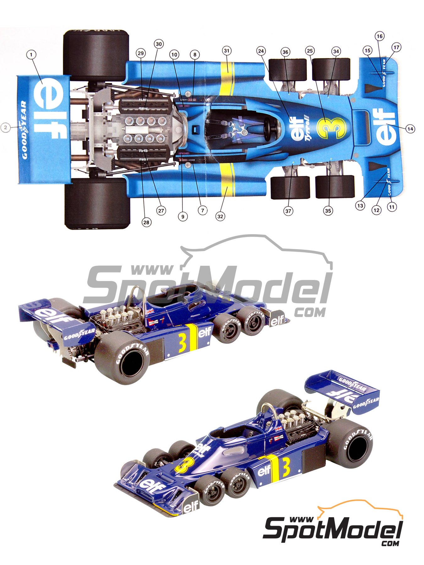 Tyrrell Ford P Six Wheels Tyrrell Racing Team sponsored by ELF   Dutch  Formula 1 Grand Prix . Car scale model kit in  scale manufactured by