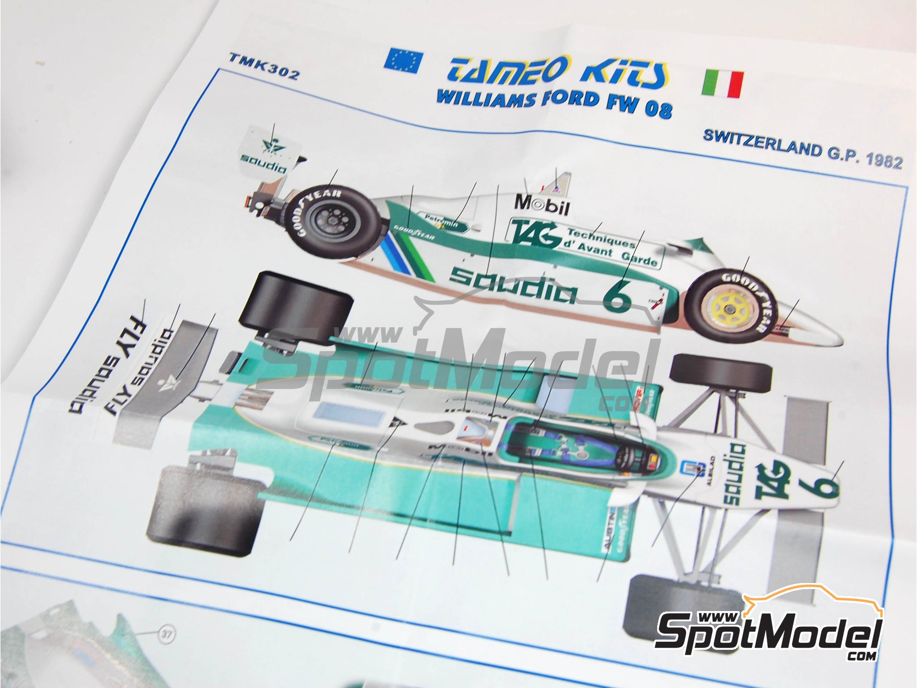 Image 1: Williams Ford FW08 Equipo Williams Grand Prix Engineering patrocinado por TAG Saudia - Gran Premio de Formula 1 de Suecia 1982 | Maqueta de coche en escala&nbsp;1/43 fabricado por Tameo Kits (ref.&nbsp;TMK302)