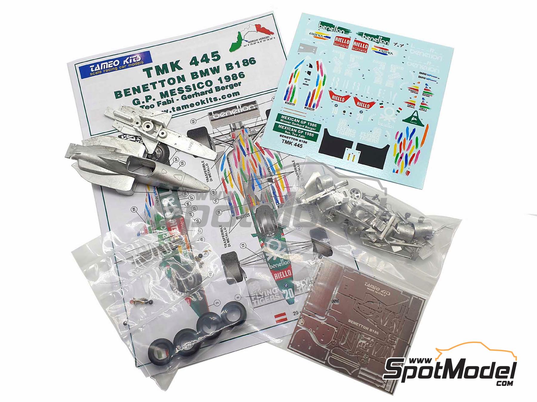 Image 1: Benetton BMW B186 sponsored by Benetton, Riello - Mexican Formula 1 Grand Prix 1986 | Car scale model kit in 1/43 scale manufactured by Tameo Kits (ref.&nbsp;TMK445)