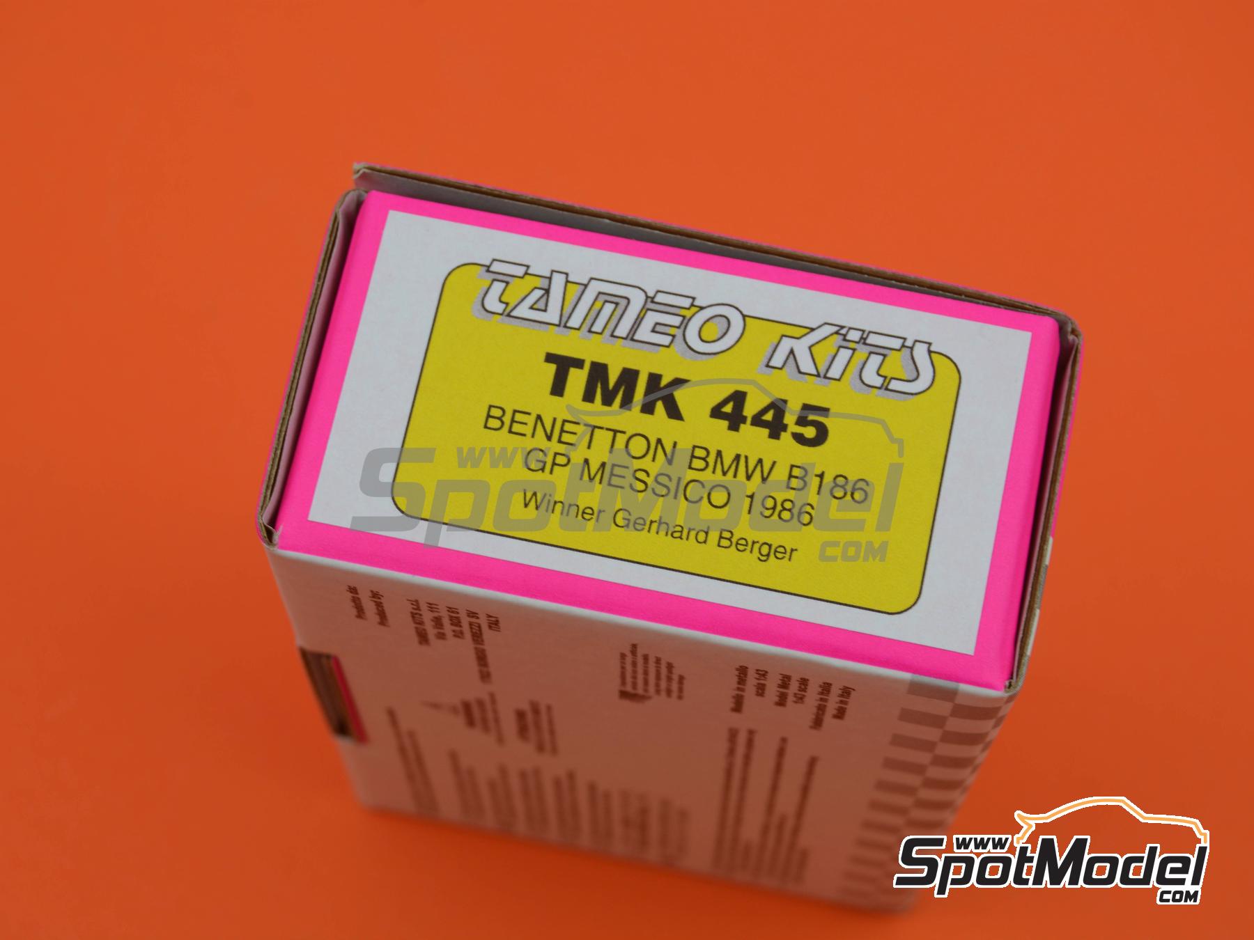 Image 12: Benetton BMW B186 sponsored by Benetton, Riello - Mexican Formula 1 Grand Prix 1986 | Car scale model kit in 1/43 scale manufactured by Tameo Kits (ref.&nbsp;TMK445)