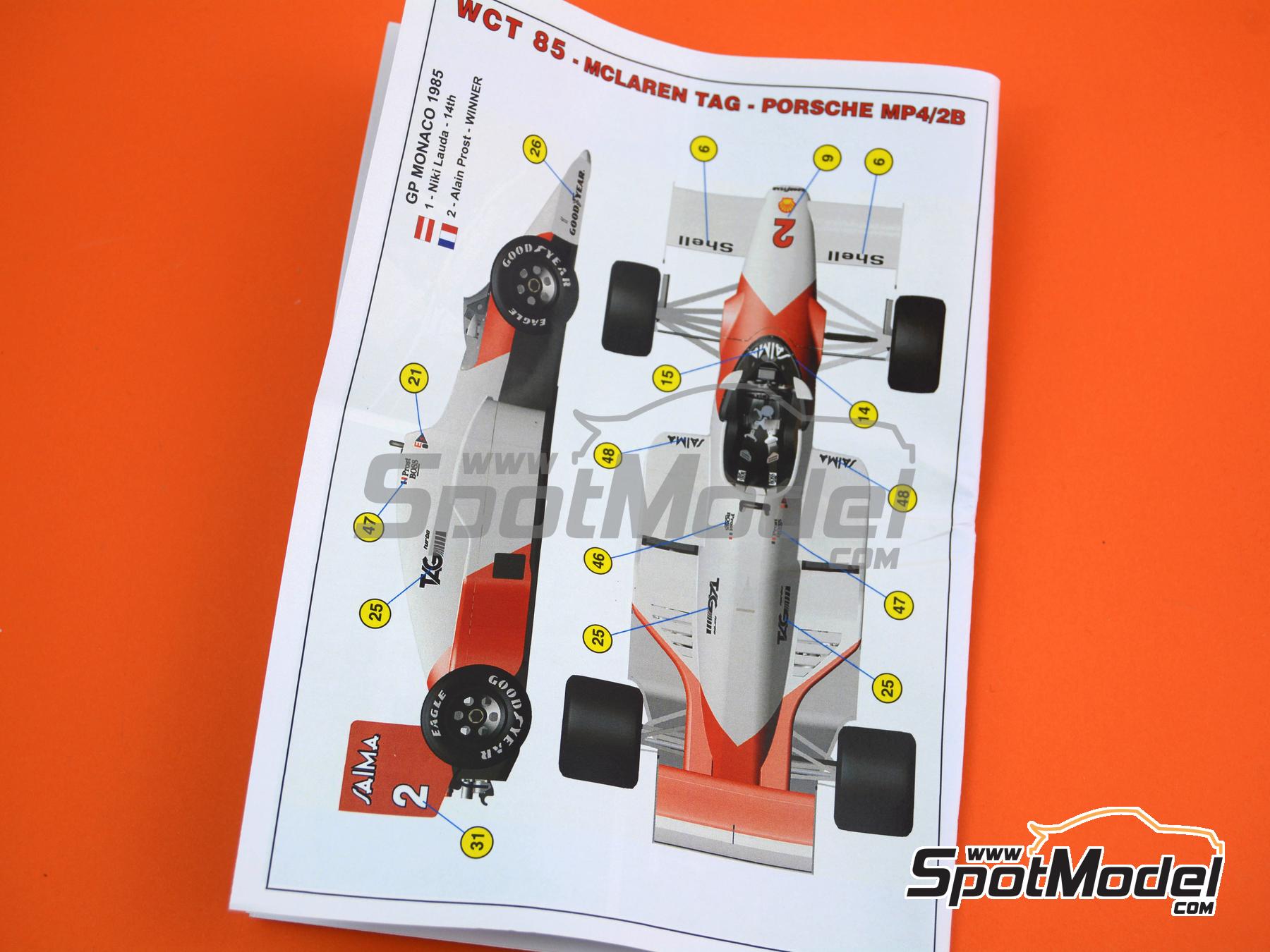 Image 10: McLaren TAG Porsche MP4/2B McLaren Racing Limited Team sponsored by Marlboro - Monaco Formula 1 Grand Prix 1985 | Car scale model kit in 1/43 scale manufactured by Tameo Kits (ref.&nbsp;WCT085)