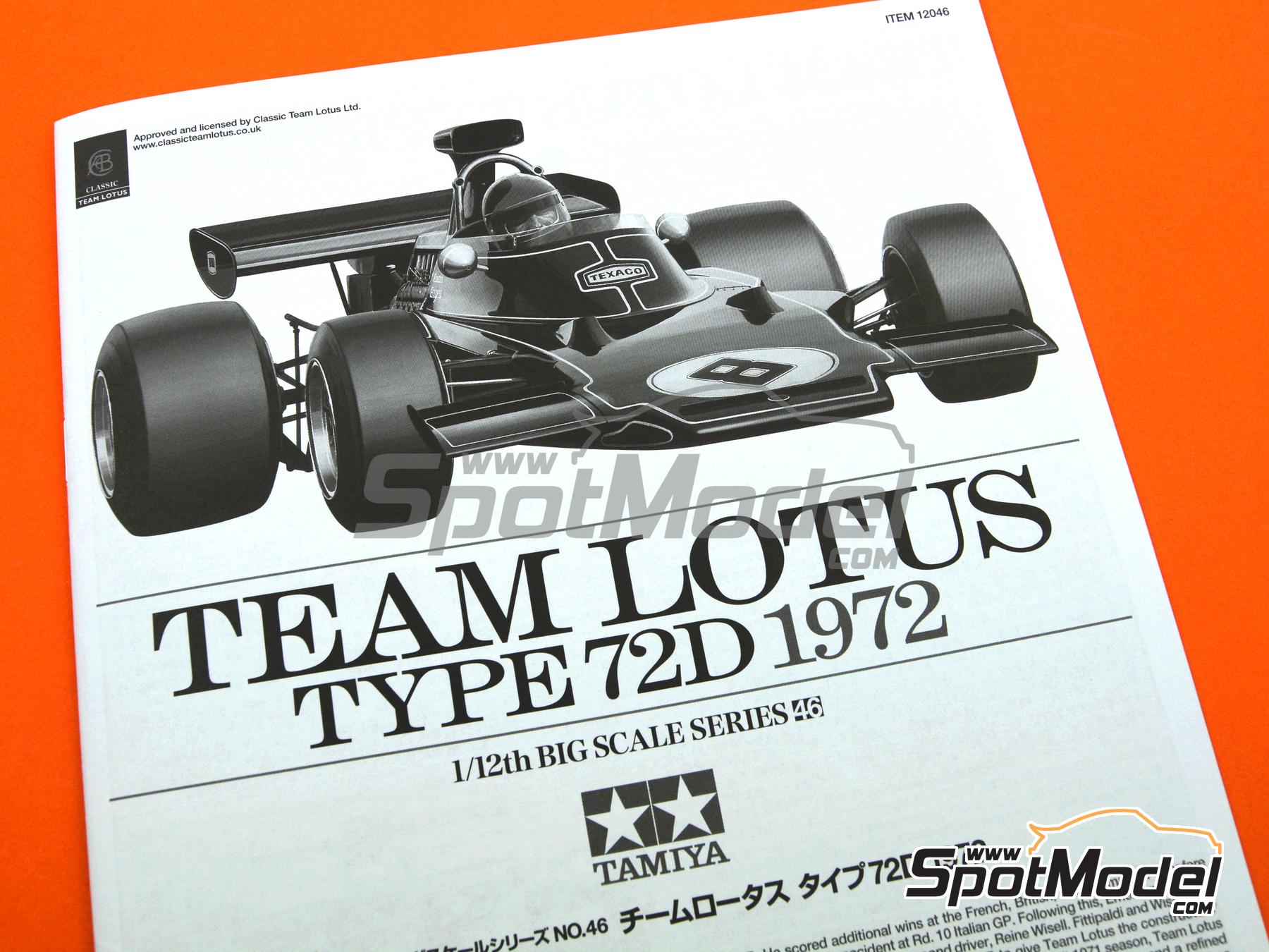 Tamiya 12046: Car scale model kit 1/12 scale Lotus Ford Type 72D John  Player Team Lotus Team #6, Emerson Fittipaldi (BR) British Formula  Grand Prix, Italian Formula Grand Prix 1972 (ref. TAM12046) SpotModel