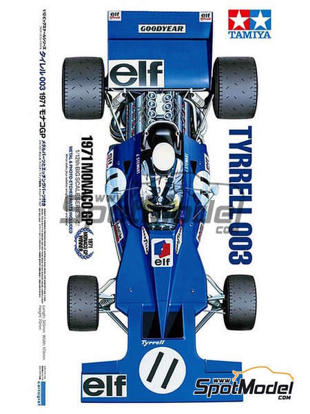 Tyrrell Ford 003 Tyrrell Racing Team sponsored by ELF - Monaco Formula 1  Grand Prix 1971. Car scale model kit in 1/12 scale manufactured by Tamiya  (re