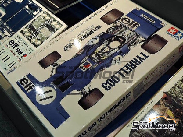 Tyrrell Ford 003 Tyrrell Racing Team sponsored by ELF - Monaco Formula 1  Grand Prix 1971. Car scale model kit in 1/12 scale manufactured by Tamiya  (re