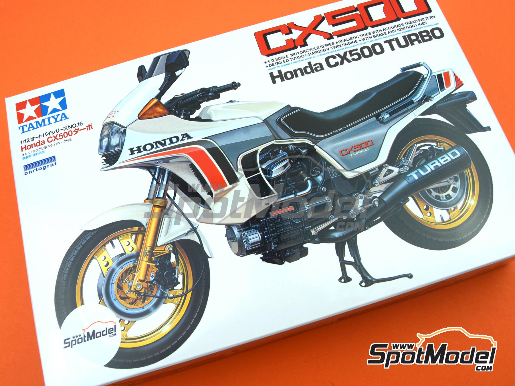 Honda CX500 Turbo. Motorbike scale model kit in 1/12 scale manufactured by  Tamiya (ref. TAM14016, also 4950344079643 and 14016)