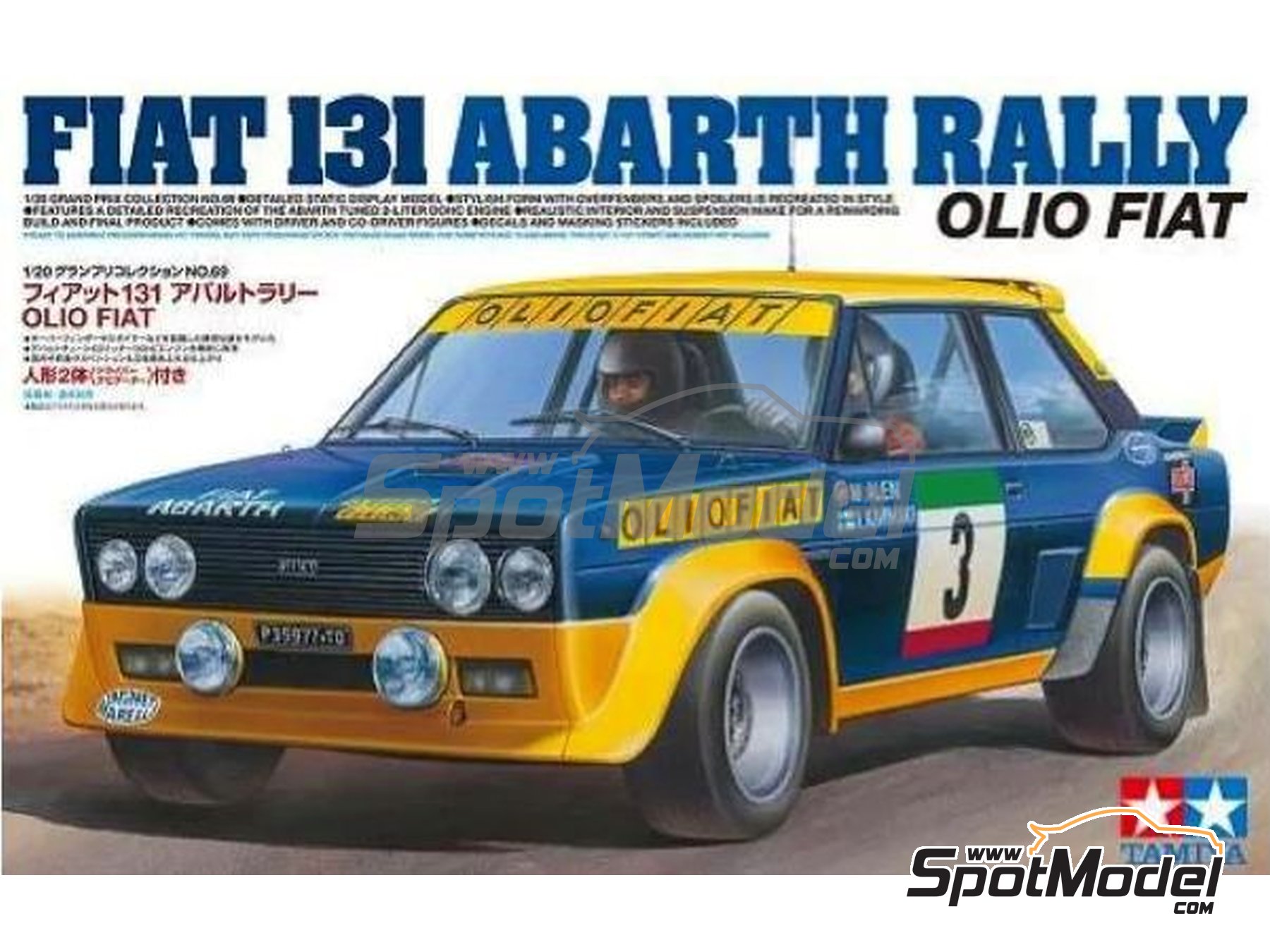 Tamiya: Model car kit 1/20 scale - Fiat 131 Abarth Rally sponsored by Olio  Fiat #3 - Markku Alén (FI) + Ilkka Kivimäki (FI) 1977 (ref. TAM20069) |  SpotModel