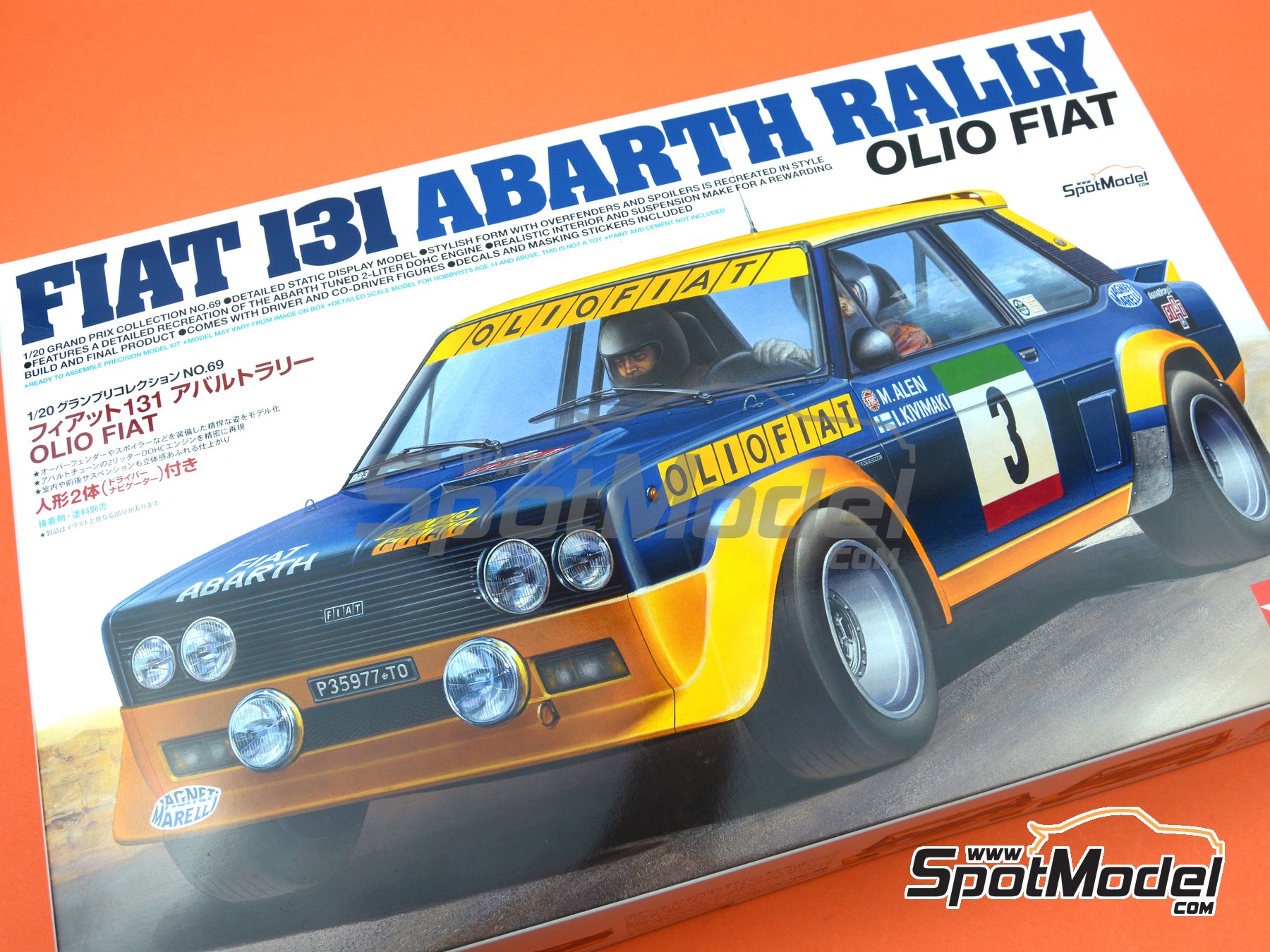 Tamiya: Model car kit 1/20 scale - Fiat 131 Abarth Rally sponsored by Olio  Fiat #3 - Markku Alén (FI) + Ilkka Kivimäki (FI) 1977 (ref. TAM20069) |  SpotModel