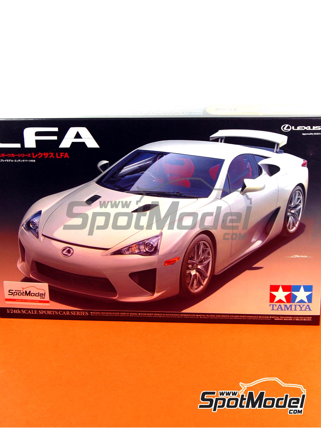 Lexus LFA. Car scale model kit in 1/24 scale manufactured by Tamiya (ref.  TAM24319, also 4950344243198 and 24319)