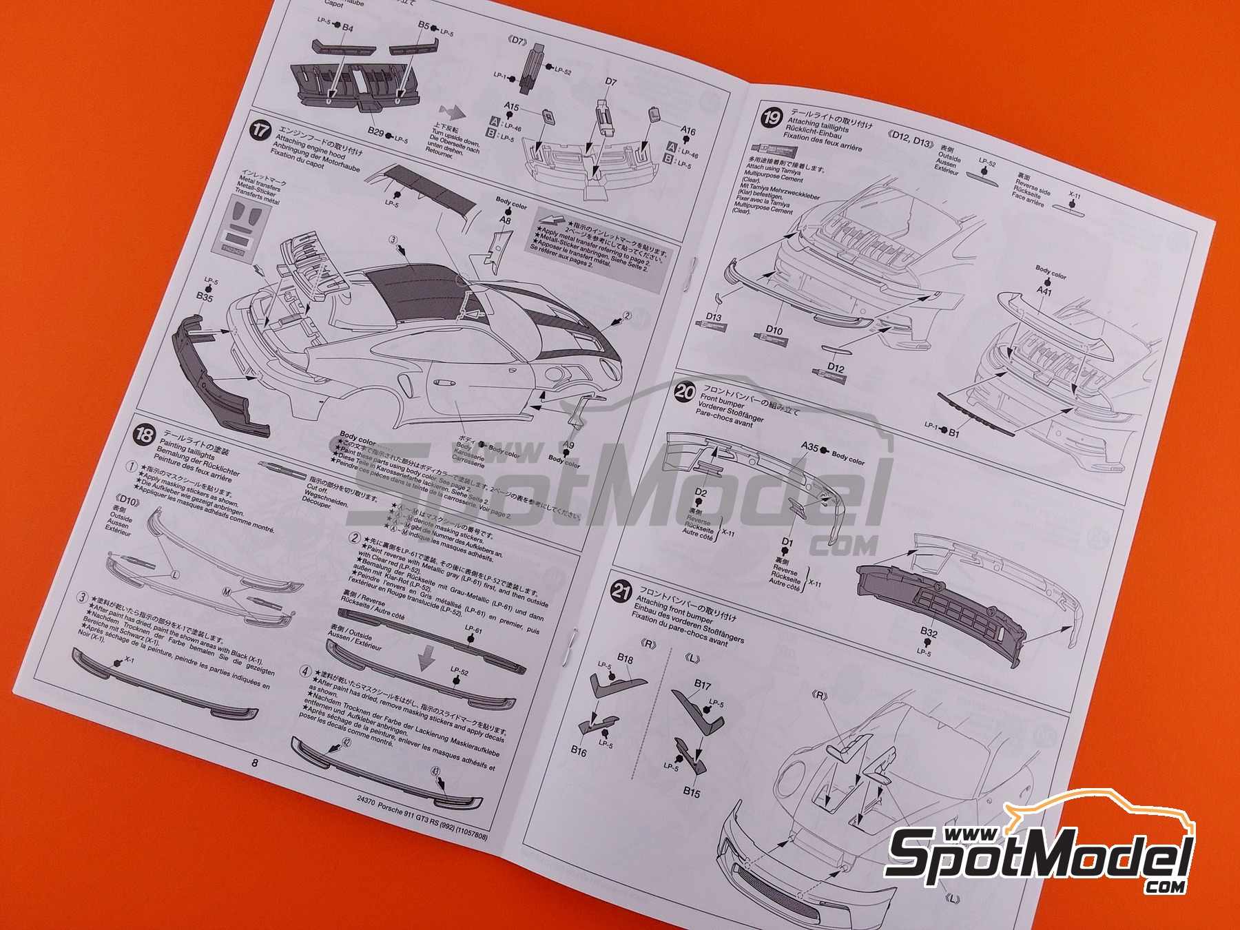 Image 23: Porsche 911 992 GT3 RS | Car scale model kit in 1/24 scale manufactured by Tamiya (ref.&nbsp;TAM24370, also 4950344243709 and 24370)