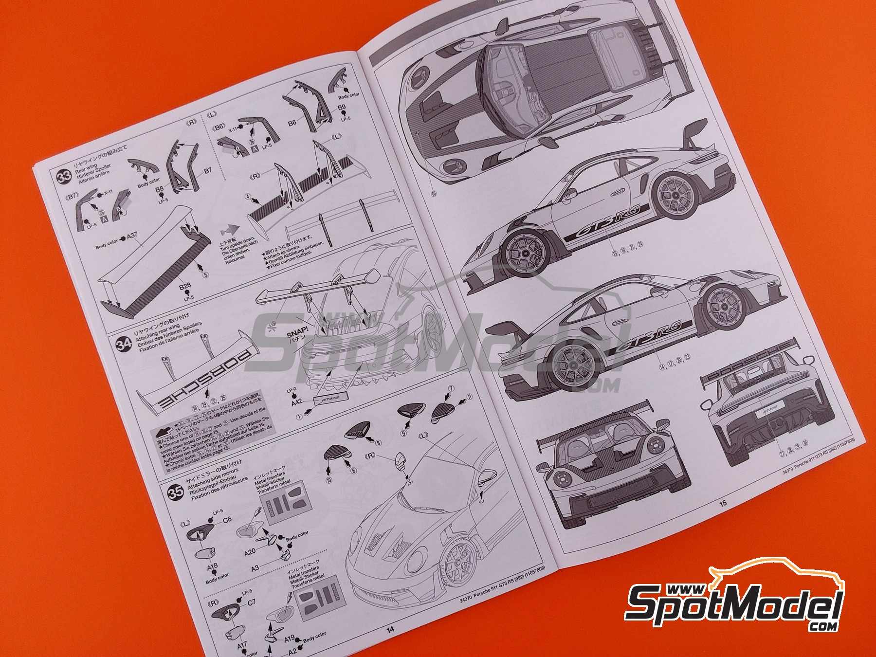 Image 24: Porsche 911 992 GT3 RS | Car scale model kit in 1/24 scale manufactured by Tamiya (ref.&nbsp;TAM24370, also 4950344243709 and 24370)