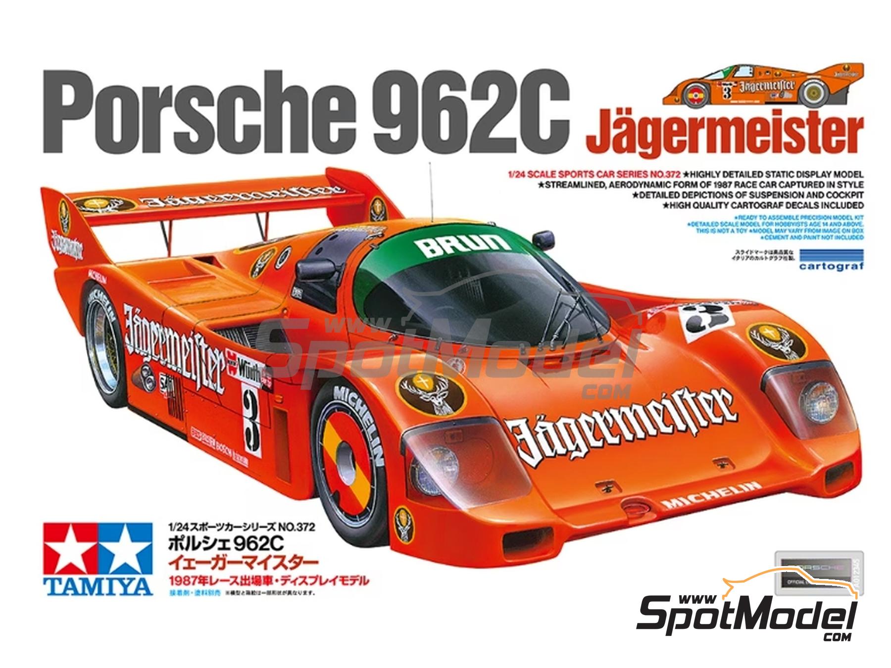Image 1: Porsche 962C Equipo Brun Motorsport patrocinado por J&auml;germeister - 200 Millas de Norisring 1987 | Maqueta de coche en escala&nbsp;1/24 fabricado por Tamiya (ref.&nbsp;TAM24372, tambien 4950344243723 y 24372)