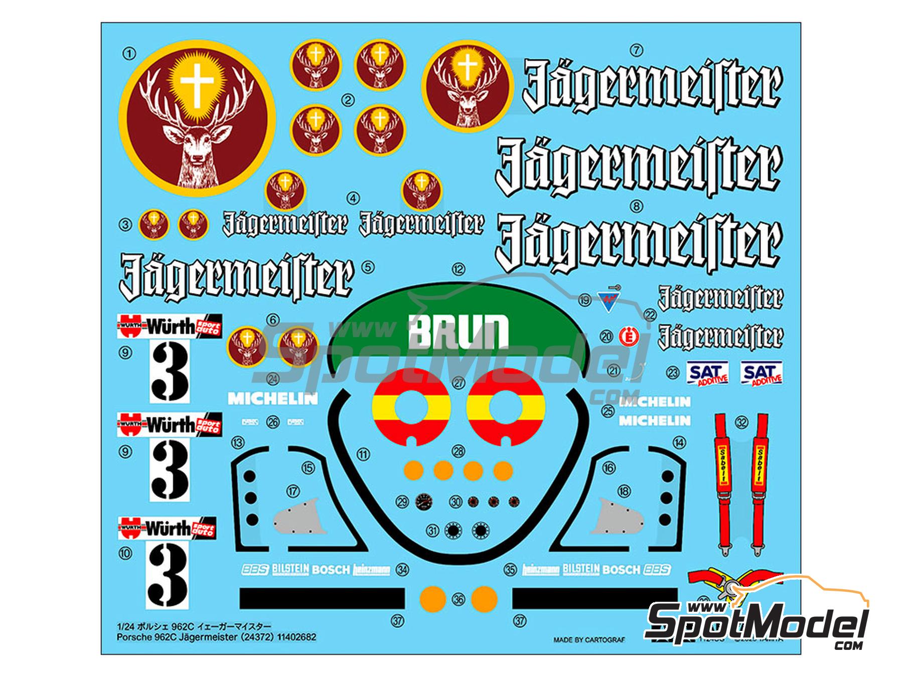 Image 7: Porsche 962C Equipo Brun Motorsport patrocinado por J&auml;germeister - 200 Millas de Norisring 1987 | Maqueta de coche en escala&nbsp;1/24 fabricado por Tamiya (ref.&nbsp;TAM24372, tambien 4950344243723 y 24372)