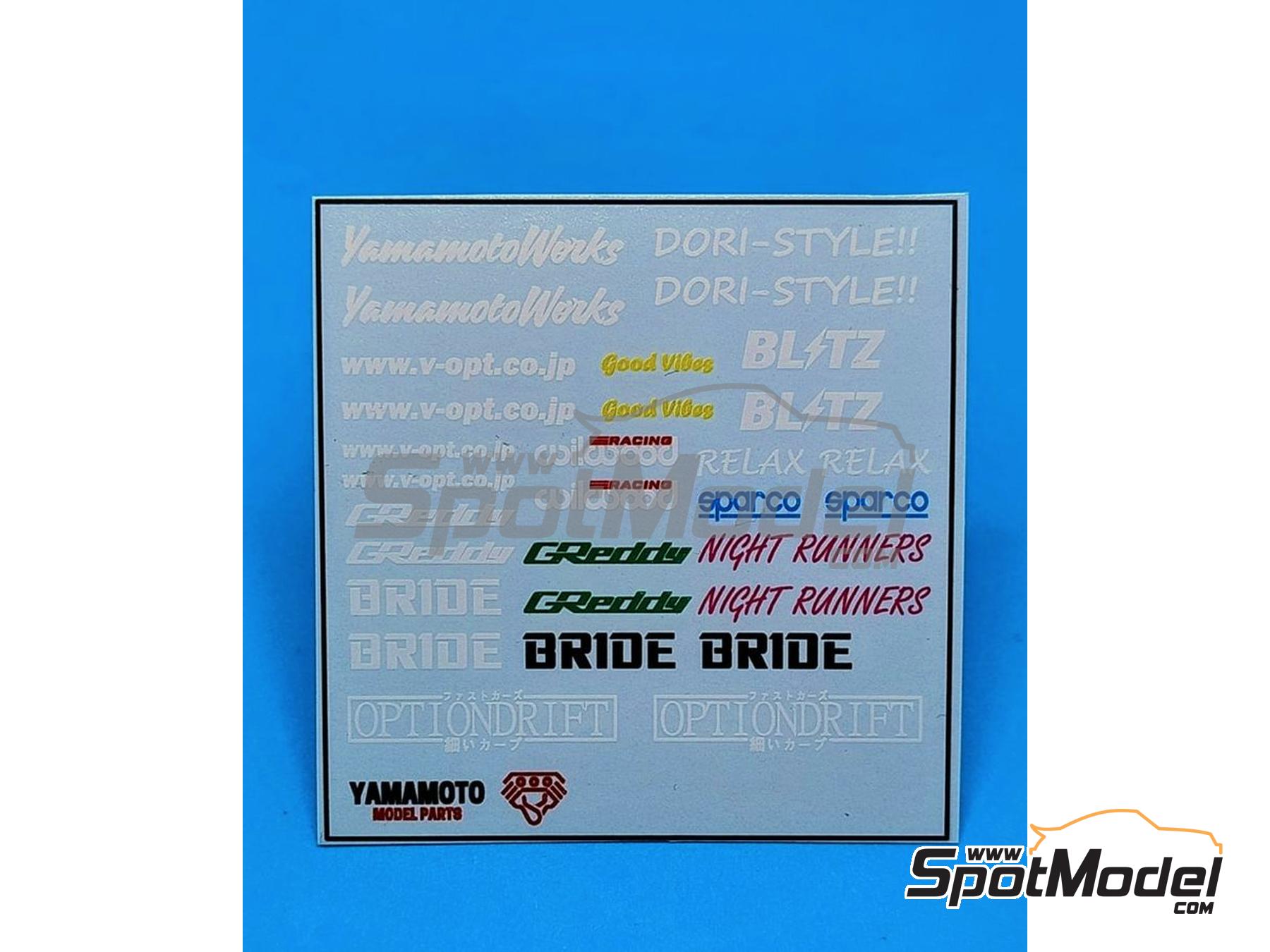 Image 1: JDM logos (Set 1): Greddy, Bride, Option Drift, Blitz, Wildwood, Sparco, Night Runners, Relax, Dori-Style, Good Vibes,... | Logotypes in 1/24 scale manufactured by Yamamoto Model Parts (ref.&nbsp;YMPTUN144)