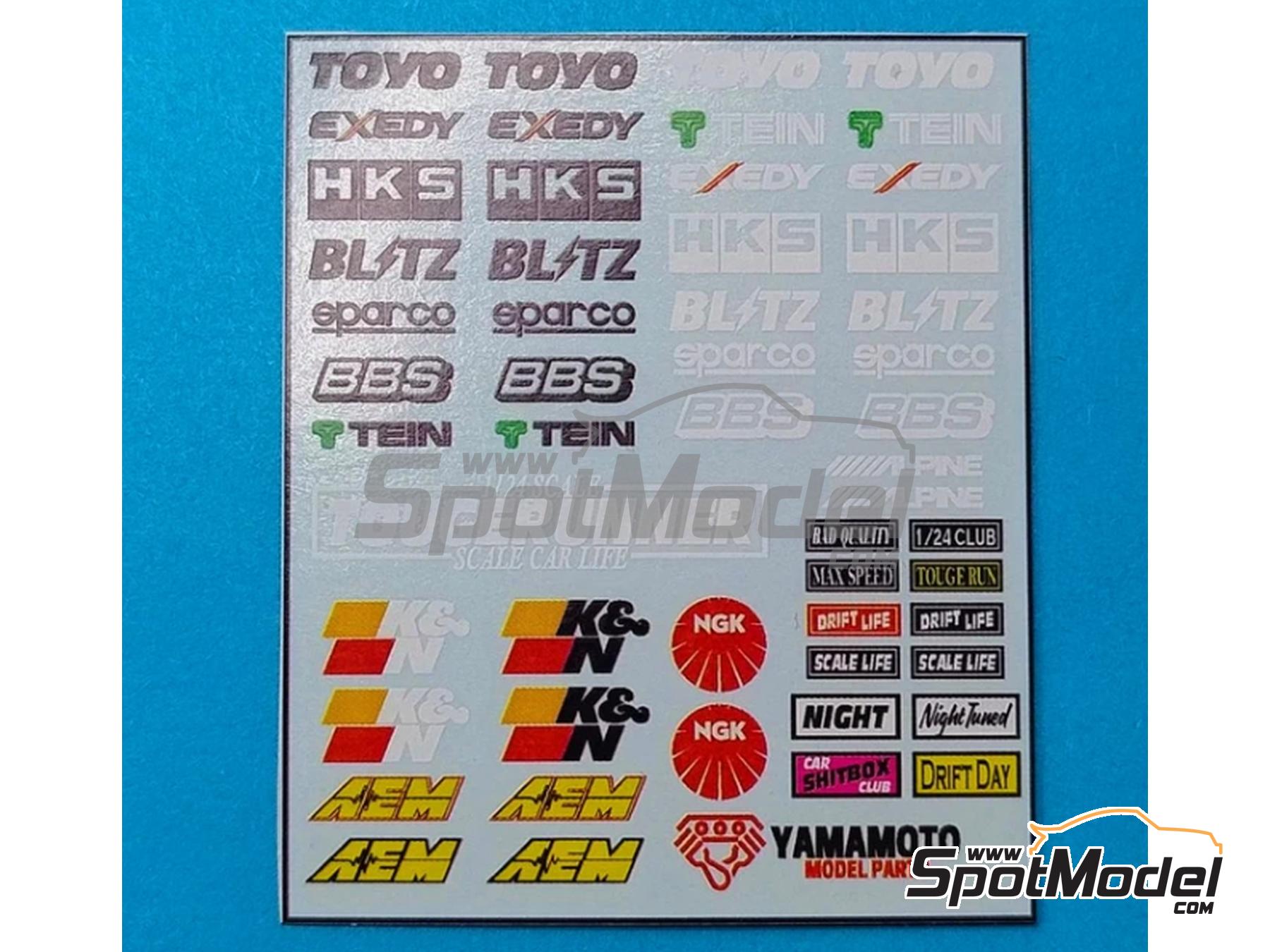 Image 1: Tuner logos (Set 1): Toyo, Exedy, HKS, BLITZ, Sparco, BBS, Tein, K&N, AEM, NGK, Alpine,... | Logotypes in 1/24 scale manufactured by Yamamoto Model Parts (ref.&nbsp;YMPTUN151)