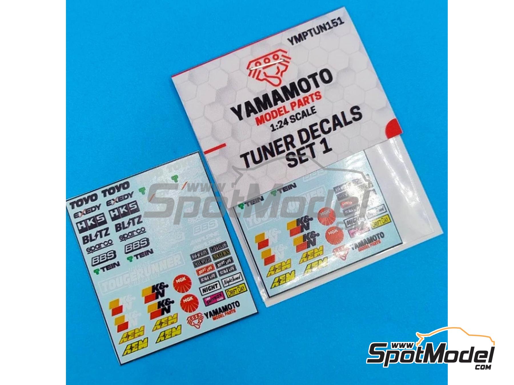 Image 2: Tuner logos (Set 1): Toyo, Exedy, HKS, BLITZ, Sparco, BBS, Tein, K&N, AEM, NGK, Alpine,... | Logotypes in 1/24 scale manufactured by Yamamoto Model Parts (ref.&nbsp;YMPTUN151)