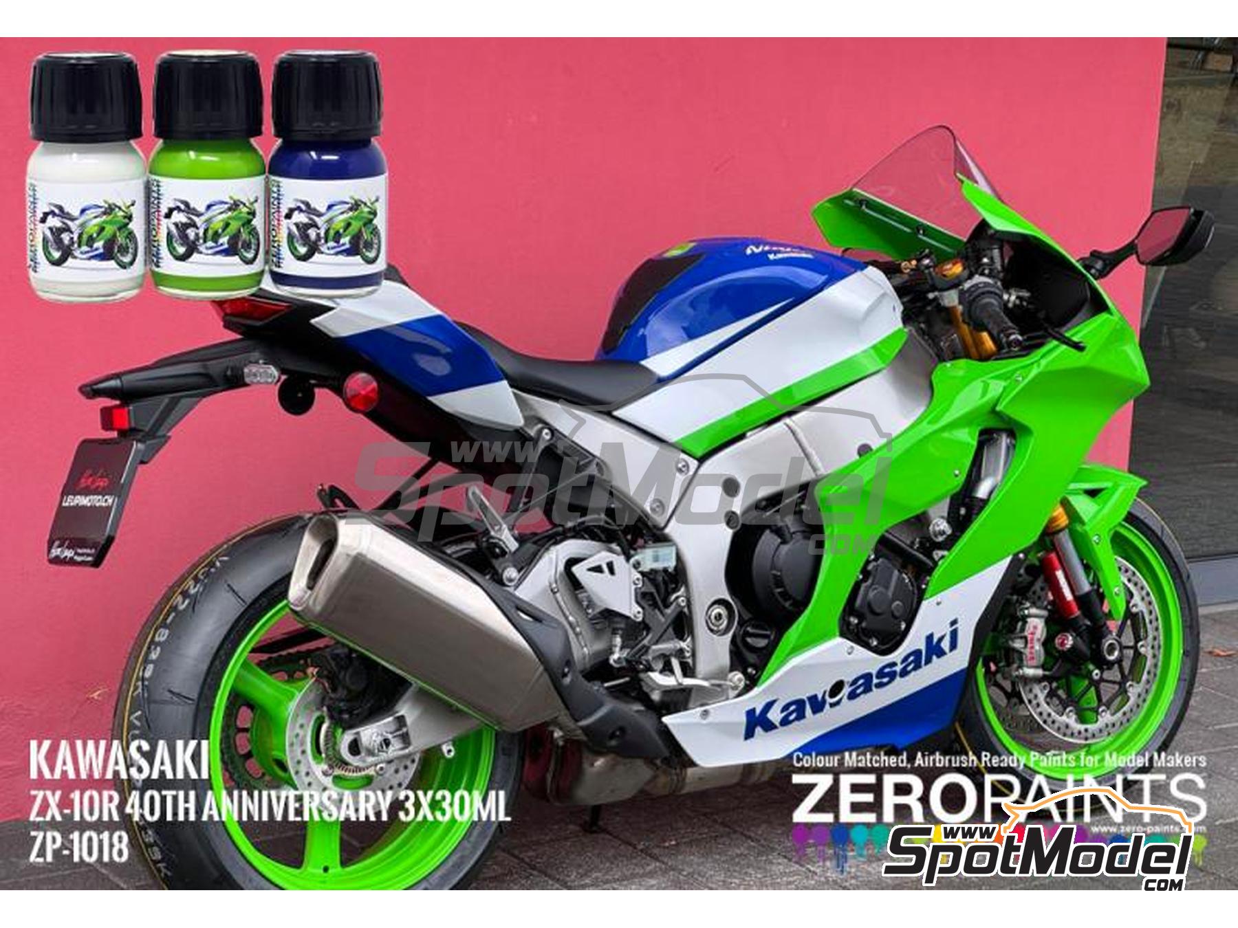 Image 1: Verde - Azul - Blanco - Kawasaki ZX-10R 40th Anniversary - Green - Blue - White - 3 x 30ml | Set de pinturas para aer&oacute;grafo fabricado por Zero Paints (ref.&nbsp;ZP-1018)