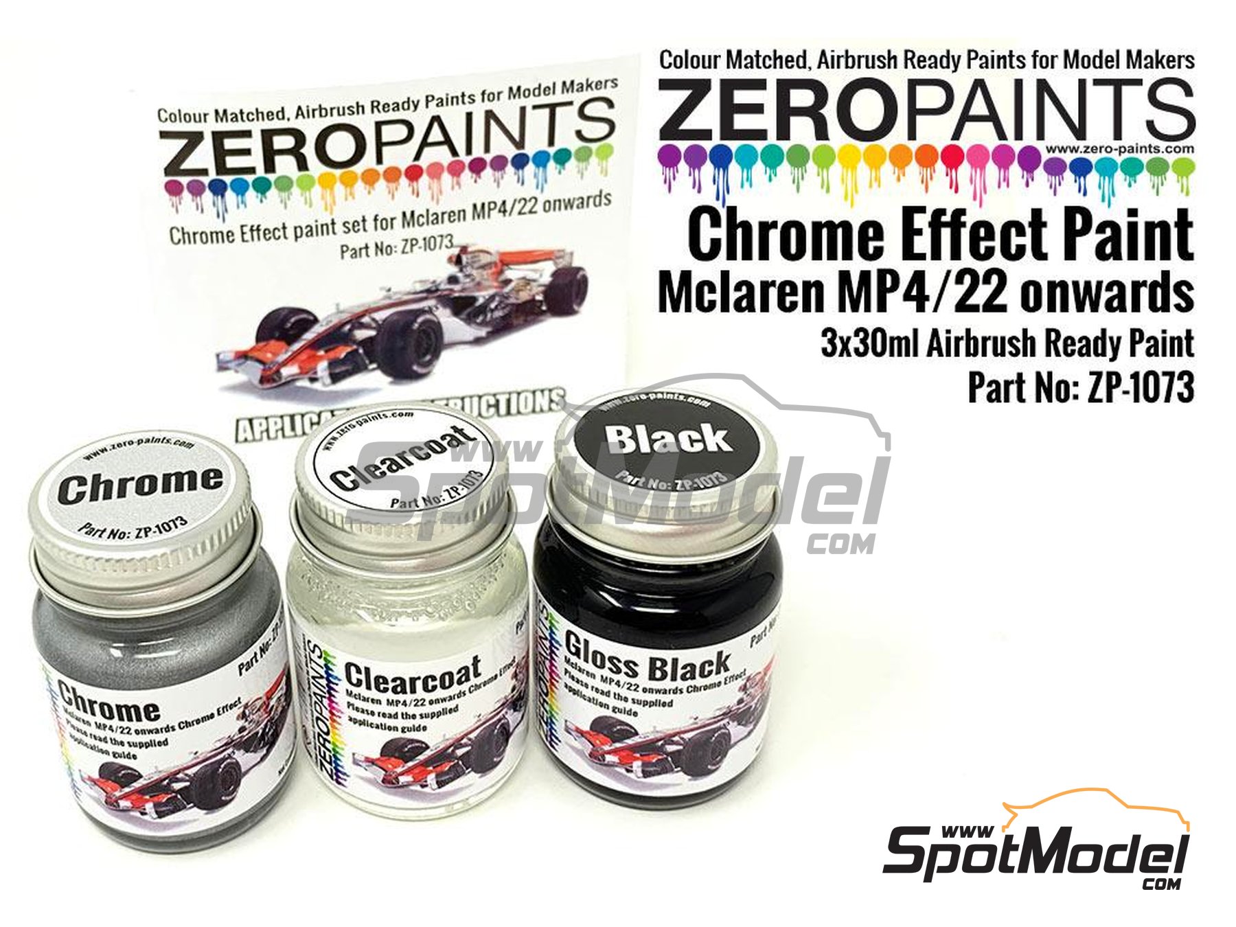 Image 2: McLaren MP4/22 y posteriores - Barniz + negro + cromo - Chrome Effect Paint - Similar to MP4/22 onwards - 3 x 30ml | Set de pinturas para aer&oacute;grafo fabricado por Zero Paints (ref.&nbsp;ZP-1073)