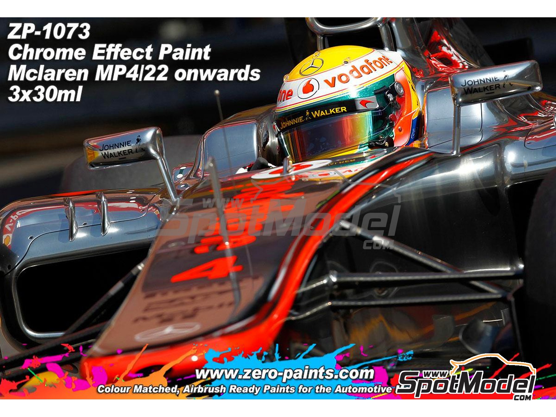 Image 3: McLaren MP4/22 y posteriores - Barniz + negro + cromo - Chrome Effect Paint - Similar to MP4/22 onwards - 3 x 30ml | Set de pinturas para aer&oacute;grafo fabricado por Zero Paints (ref.&nbsp;ZP-1073)