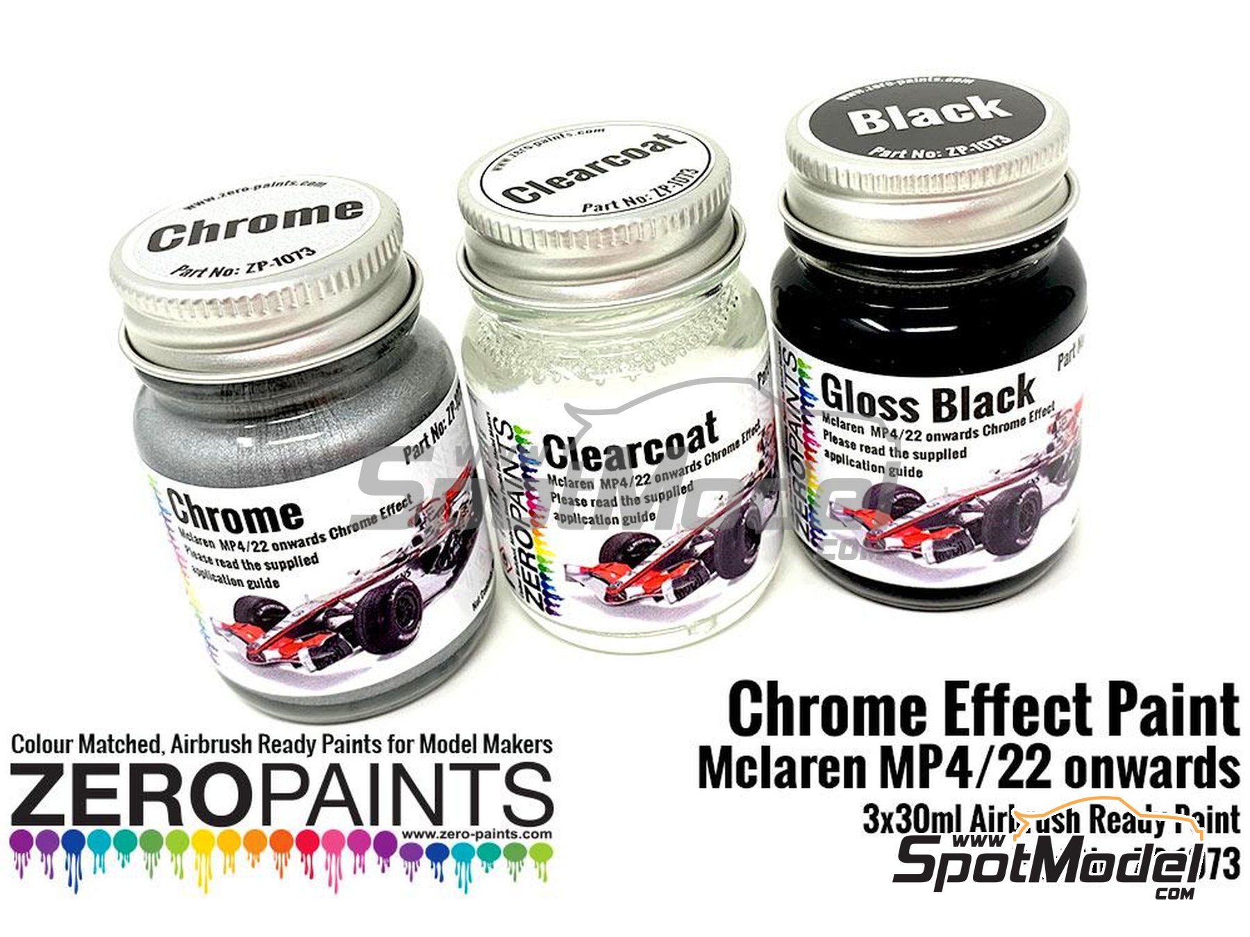 Image 4: McLaren MP4/22 y posteriores - Barniz + negro + cromo - Chrome Effect Paint - Similar to MP4/22 onwards - 3 x 30ml | Set de pinturas para aer&oacute;grafo fabricado por Zero Paints (ref.&nbsp;ZP-1073)