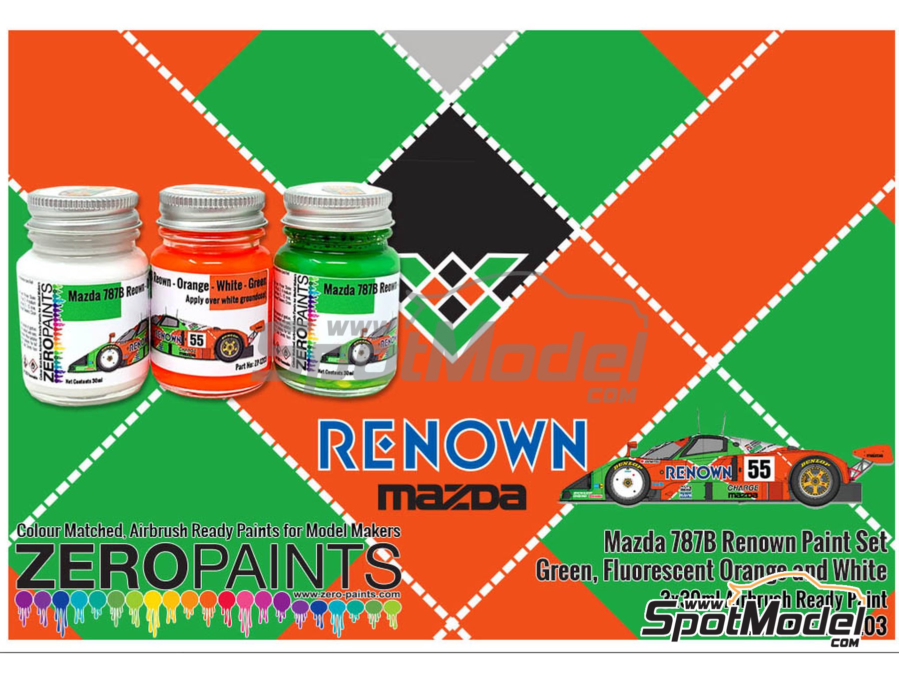 Image 2: Mazda 787B Renown - White +  Orange + Green - 3 x 30ml | Paints set for airbrush manufactured by Zero Paints (ref.&nbsp;ZP-1203)