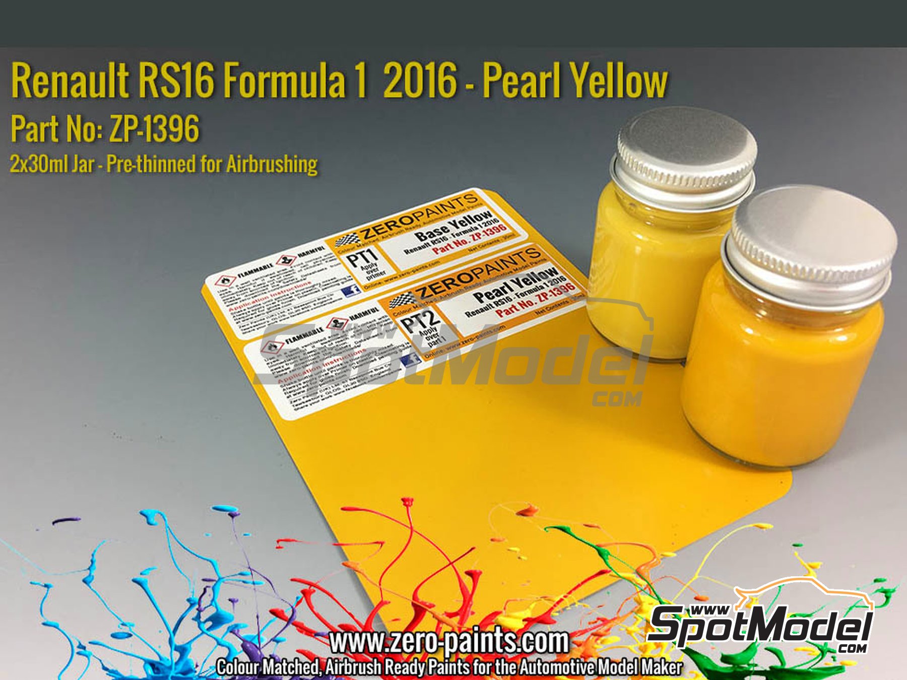 Image 1: Amarillo Perlado Renault RS16 Formula 1 -  2016 - 2 x 30ml | Set de pinturas para aerógrafo fabricado por Zero Paints (ref. ZP-1396)