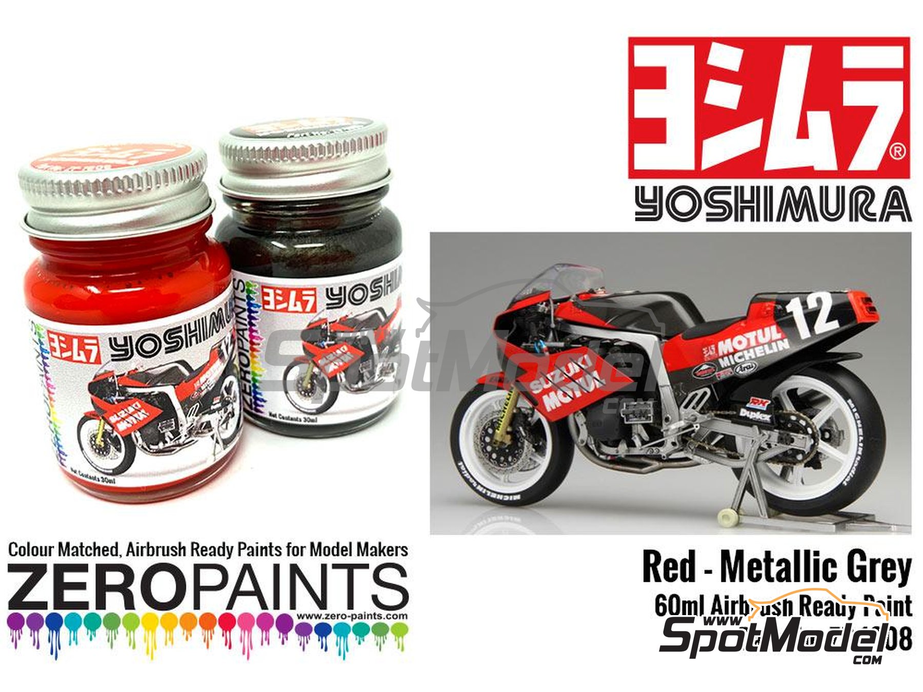 Image 1: Rojo y gris metalizado Suzuki GSX-R750 Yoshimura - 2 x 30ml | Set de pinturas para aer&oacute;grafo fabricado por Zero Paints (ref.&nbsp;ZP-1608)