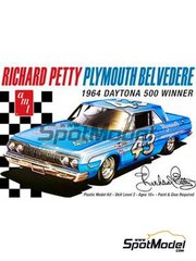 AMT: Car scale model kit 1/25 scale - Plymouth Belvedere sponsored by Patterson Motors Inc. #43 - Richard Petty (US) - Daytona 500 miles 1964 - plastic parts, rubber parts, water slide decals, assembly instructions and painting instructions