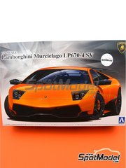 Aoshima: Car scale model kit 1/24 scale - Lamborghini Murcielago LP670-4 SV SuperVeloce - paint masks, plastic parts, rubber parts, water slide decals, other materials, assembly instructions and painting instructions image