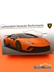 Aoshima: Car scale model kit 1/24 scale - Lamborghini Huracan Performante - paint masks, plastic parts, rubber parts, water slide decals, assembly instructions and painting instructions image