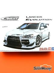 Aoshima: Car scale model kit 1/24 scale - Mitsubishi Lancer Evolution X C-West 2007 - paint masks, plastic parts, rubber parts, water slide decals, other materials, assembly instructions and painting instructions