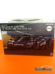 Aoshima: Car scale model kit 1/24 scale - McLaren F1 GTR Long Tail Gulf Davidoff McLaren Team sponsored by Loctite #41 - Emanuele Pirro (IT) + Thomas Bscher (DE) + Rinaldo Capello (IT) - 24 Hours Le Mans 1998 - paint masks, plastic parts, rubber parts, water slide decals, assembly instructions and painting instructions image