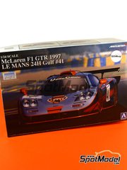 Aoshima: Car scale model kit 1/24 scale - McLaren F1 GTR Long Tail Gulf Davidoff McLaren Team sponsored by Gulf #41 - Pierre-Henri Raphanel (FR) + Jean-Marc Gounon (FR) + Anders Olofsson (SE) - 24 Hours Le Mans 1997 - paint masks, plastic parts, rubber parts, water slide decals, assembly instructions and painting instructions image
