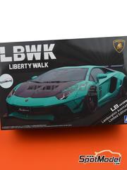 Aoshima: Car scale model kit 1/24 scale - Lamborghini Aventador Liberty Walk LB Works Limited Edition Version 2 - plastic parts, rubber parts, water slide decals, other materials, assembly instructions and painting instructions