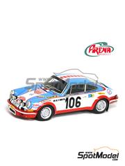 Arena Modelli: Car scale model kit 1/43 scale - Porsche 911S sponsored by TAG Heuer #106 - Claude Haldi (CH) + Paul Keller (CH) - Monte Carlo Rally - Rallye Automobile de Monte-Carlo 1972 - photo-etched parts, resin parts, rubber parts, turned metal parts, water slide decals, white metal parts, assembly instructions and painting instructions