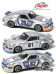 Arena Modelli: Car scale model kit 1/43 scale - Porsche 911 Carrera RSR Martini International Racing Team #26, 61, 62 - Manfred Schurti (LI) + Helmuth Koinigg (AT), Gijs van Lennep (NL) + Herbert M&uuml;ller (CH) - 1000 Kilometers Dijon, Le Mans 4 hours 1973 - photo-etched parts, resin parts, rubber parts, turned metal parts, water slide decals and white metal parts image