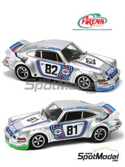 Arena Modelli: Car scale model kit 1/43 scale - Porsche 911 Carrera RSR Martini International Racing Team #81, 82 - Gijs van Lennep (NL) + Herbert M&uuml;ller (CH), George Follmer (US) + Manfred Schurti (LI) - Monza 1000 Kilometres 1973 - photo-etched parts, resin parts, rubber parts, turned metal parts, water slide decals and white metal parts image