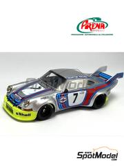 Arena Modelli: Car scale model kit 1/43 scale - Porsche 911 Carrera RSR Porsche System Engineering Team sponsored by Martini Racing #7 - Gijs van Lennep (NL) + Herbert M&uuml;ller (CH) - 1000km Austrian &Ouml;sterreichring 1973 - photo-etched parts, resin parts, rubber parts, turned metal parts, water slide decals, white metal parts and assembly instructions image